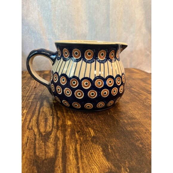 Vintage Boleslawiec Polish Stoneware Pitcher Peacock Eye Pattern Circa 1950s - 1 - Picture 2 of 12